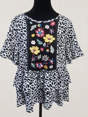 ODDY Embroidered Floral Leopard Print Tiered Blouse M Boho